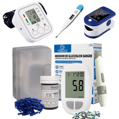 Pulsovital Kit Combinado de Monitoreo de Salud en Casa Integral: Esfigmomanómetro Digital + Oxímetro de Pulso + Termómetro Clínico + Glucómetro Digital Pulsovital (Con 50 Tiras y 50 Lancetas) | Medición Precisa de Presión Arterial, Oxígeno, Temperatura y Glucosa | Fácil Uso con Un Solo Botón | Cuidado Integral de la Salud