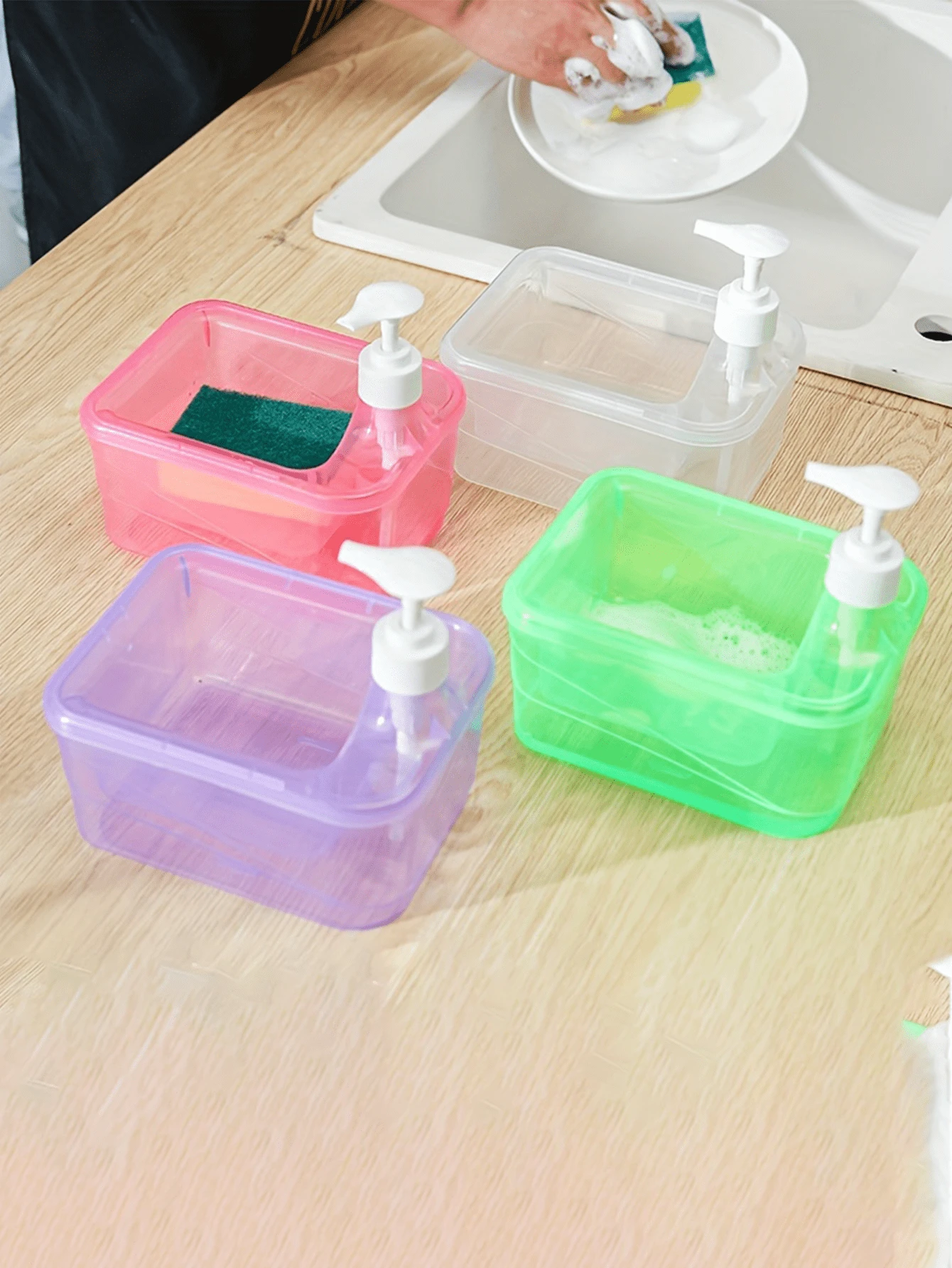 Automatic Soap Dispenser With Sponge Brush, Bathroom Kitchen Cleaning Supplies, Liquid Soap Dispenser Box, Rectangular Sponge Scrubber, Soap Dish With Divider, 2-In-1 Cute Round Soap Dish With Brush, Home Decor, Kitchen Essentials, Bathroom Decor