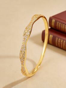1 pieza - Brazalete de cobre chapado en oro de 18k con diseño retorcido en forma de cruz lleno de piedras de circonia, con un toque exclusivo y de alta gama, adecuado para ir al trabajo, citas y otras ocasiones. - Dorado - Ver 7
