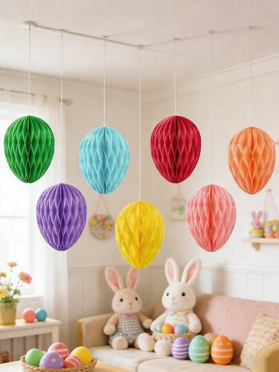7件套复活节蜂窝纸兔子和彩蛋中心装饰 - 可折叠易悬挂，柔和的春季寻蛋装饰，适合复活节派对回礼、婚礼和春季庆祝活动 - 蜂窝状兔子彩蛋装饰