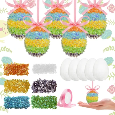 6509pcs/8 Sets DIY Easter Egg Foam Balls Sequin Decoration Kits Include 6000 Pcs Sequins 1roll Ribbon And 8pcs Foam Balls Easter Eggs Sequin Ball DIY Sequin Ball Ornaments Hanging Pendants For Spring Easter Party Decorations Easter Gift Home Decor