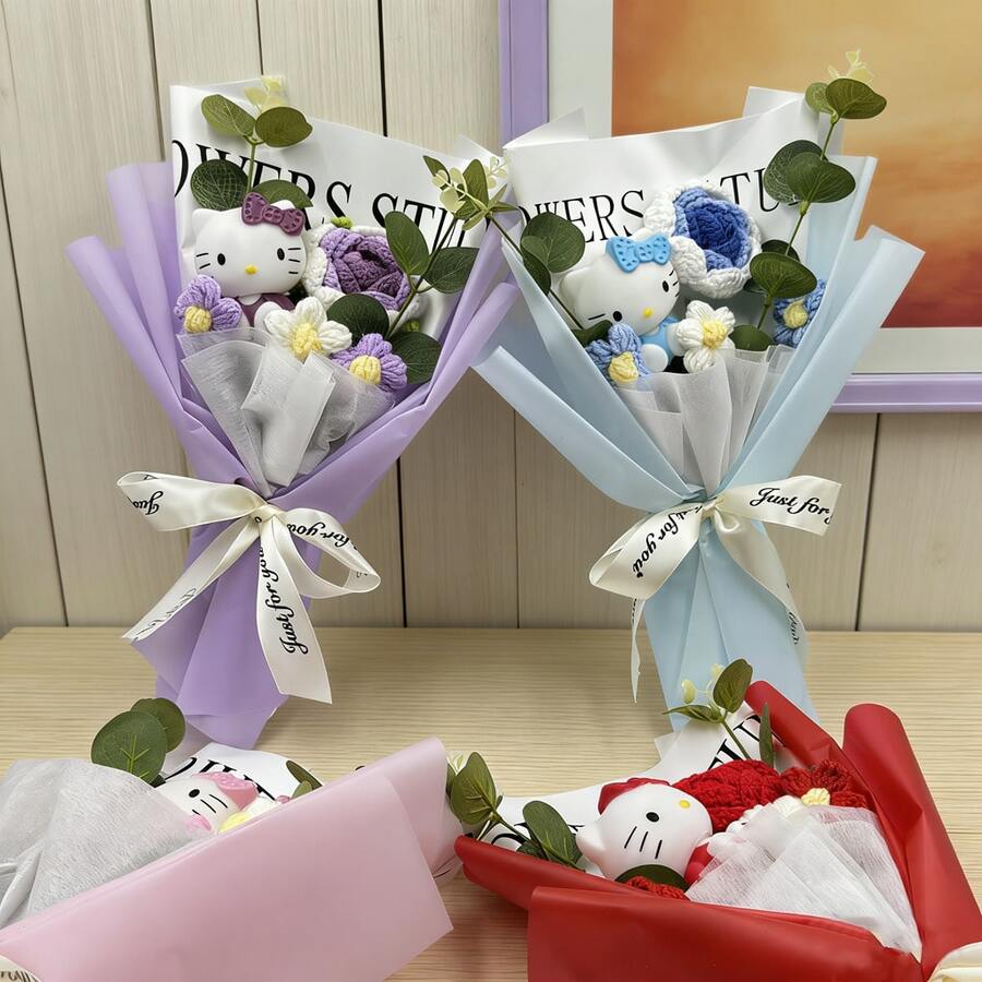 SANRIO 针织花束，创意仿真花摆件，无需维护，情侣/情人节礼物，摄影道具，家居园艺装饰 - 彩色 - 查看 1