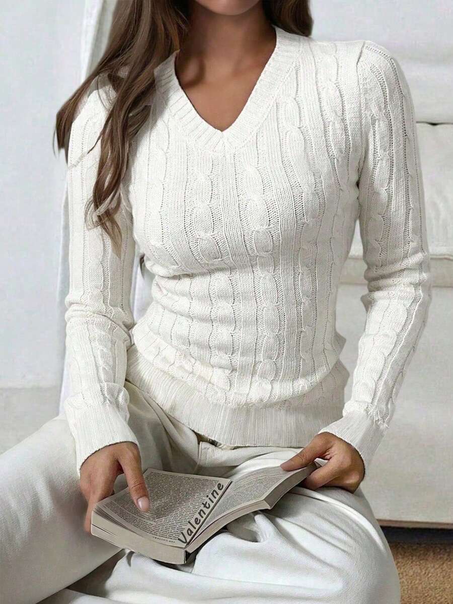 Suéter de punto acanalado ajustado de manga larga con cuello en V suave, estilo Y2K, básico, para otoño/invierno - Blanco - Ver 1