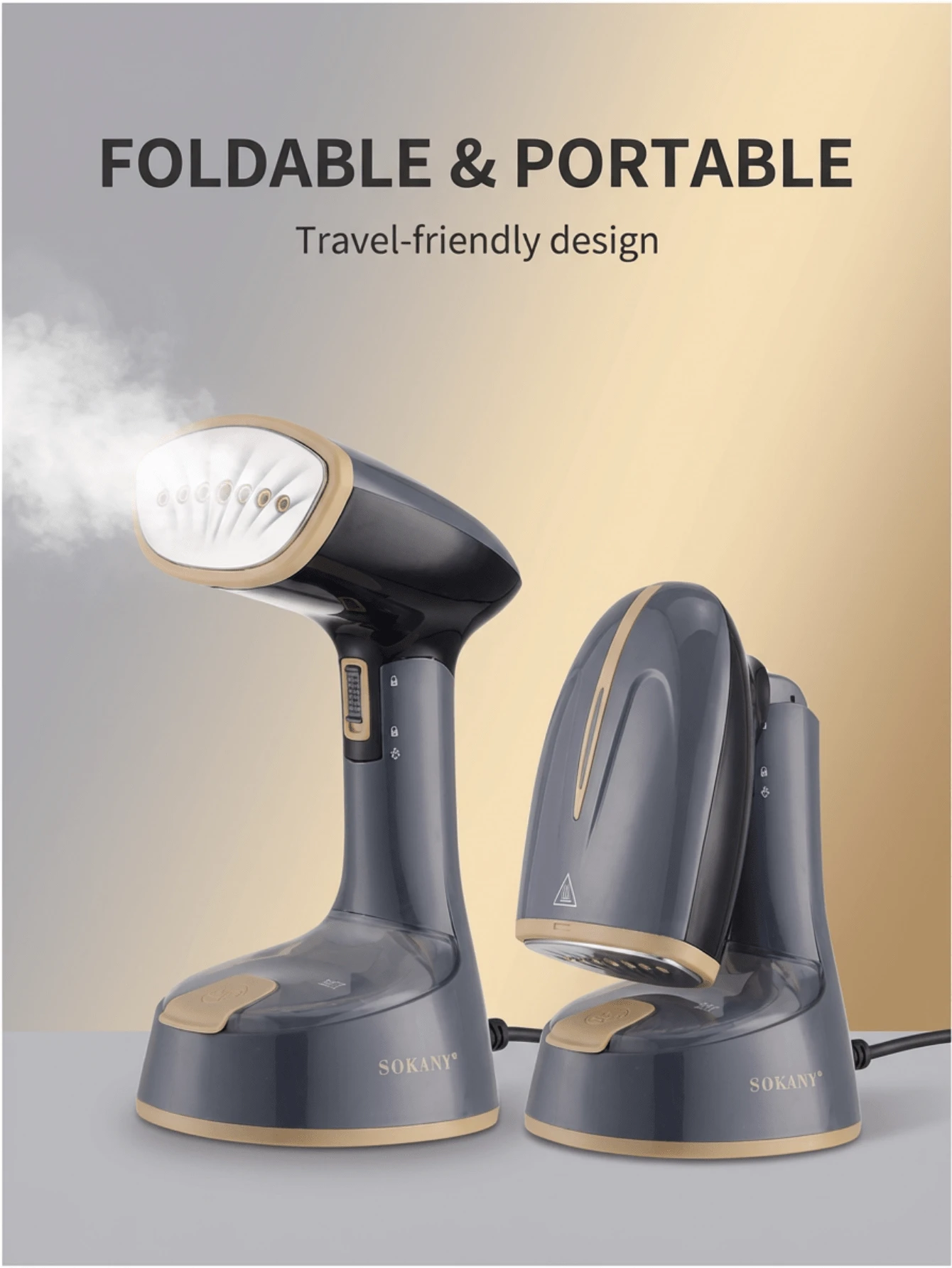SOKANY 1400W大功率手持式蒸汽熨斗，30秒快速出蒸汽，大容量水箱，多角度防漏，一键折叠，便携易收纳，7孔喷嘴，不锈钢底板，方便旅行和居家使用，快速抚平褶皱，保持衣物洁净如新。 - 查看 1