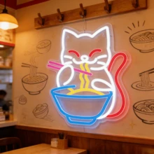 1 pieza Letrero de neón con diseño de gato comiendo ramen, adecuado para decoración de pared, restaurante comercial, tienda de ramen, decoración de cocina, letrero publicitario de ventana - Gato comiendo fideos - Ver 8