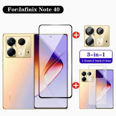 适用于 Infinix Note 40 的三合一屏幕保护膜套装，包含全高清黑边框 9H 钢化玻璃屏幕保护膜、摄像头镜头膜和纤维背膜。