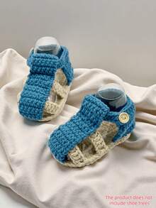 1 Pair Handmade Crochet Infant Sandals, Blue And Cream Color, Mary Jane Style With Buckle Closure - Dusty Blue - View 8