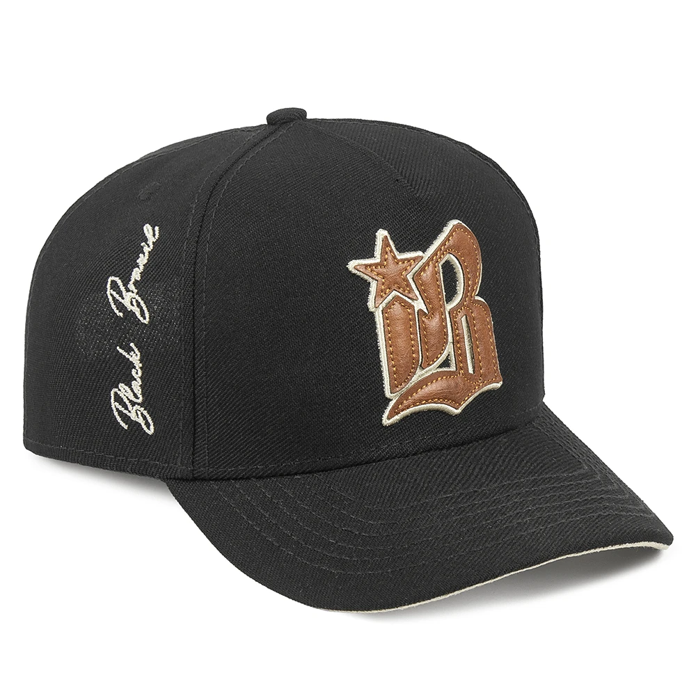 Embroidered Black Brazil Snapback Trucker Cap With Curved Brim, Closed Style, Various Colors, Original Premium - 黑色/焦糖色 - 查看 1