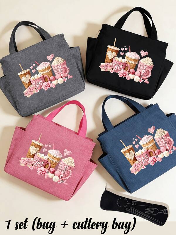 Aesthetic Sweet Food Embroidery Style Lunch Tote, 1 Set (Bag + Cutlery Bag) With Side Pockets & Black Cutlery Storage Bags,For School Student Teacher Meal Insulated Refrigerated Bags, Portable Travel Picnic Bags, Office School Lunch Insulated Bags, Work Lunch Boxes, Workplace Women'S Holiday Lunch Boxes, Multi-Functional Camping School Lunch Boxes For Both Men And Women, School Opening Gifts