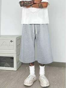 Men's Casual Loose Fit Drawstring Pants With Side Pockets, 3/4 Length, Suitable For Men's Fitness & Running, Pure Black Polyester, Versatile For All Seasons Summer - Light Grey - View 5
