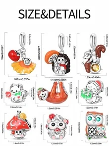1件925纯银DIY吊坠：银杏叶柿子、松鼠抱着坚果、刺猬采蘑菇、猫咪捧着玫瑰、猫咪送礼物、树懒、可爱刺猬、奇幻蜗牛蘑菇、猫头鹰母子吊坠，适合DIY创意手链，送给爱人、朋友和闺蜜的礼物 - 彩色 - 查看 2