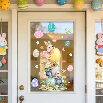 1/3pcs Reusable Easter Window Clings, Cute Cartoon Raccoon Rabbit Egg Stacked Static Stickers, Glass Decor For Home Office Party Spring Holiday DIY Art Mural Festival Supplies
