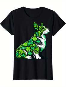 T-shirt unisexe << Trèfle vert porte-bonheur toute l'année » à l'occasion de la Saint-Patrick, motif chien corgi. Idéal pour les amoureux des chiens. Cadeau parfait pour la Saint-Valentin, à offrir à la famille et aux amis. - Noir - Voir 8
