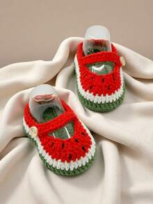 1 Đôi giày trẻ em móc thủ công họa tiết dưa hấu, màu đỏ, xanh lá cây và trắng, kiểu Mary Jane. - Đỏ - Xem 4