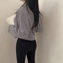 Women's Casual Solid Color Faux Suede Fleece Collar Zip-Up Short Jacket, Spring/Autumn Winter - Grey - View 5
