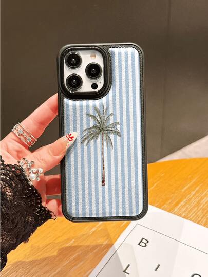 1个新款椰树蓝条纹图案加厚防刮皮革质感手机保护壳，兼容 15 Pro Max、14 Plus、13 Pro Max、12、11、7G、7P、IX、XR、XS Max、17 Pro、Air（带摄像头凸起设计），具备防摔功能，情人节礼物