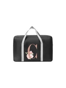 A-Z Floral Initial Foldable Travel Duffel Bag, Black Waterproof Luggage Tote With Rose Gold Letter Print, Ideal For Carrying Travel Essentials, Suitable For Travelers, Students, Gym Enthusiasts, Gift Givers & Bridesmaids, Perfect For Vacations, Business Trips, Gym Visits, Weekend Getaways & Gift-Giving, Foldable Design With Trolley Sleeve, Versatile As Travel Duffel, Gym Bag, Weekender Tote & Personalized Gift - Multicolor - View 12