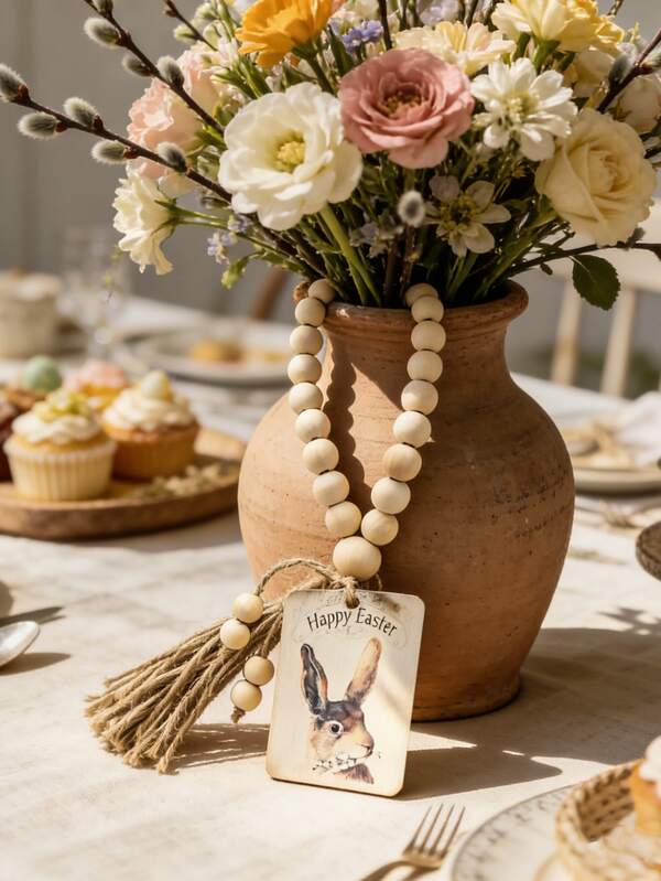 1pc Easter Wooden Bead Tassel Decoration, Happy Easter Rabbit Tag, Farmhouse Spring Home Decoration, Bohemian Easter Decoration, Hanging Rope Wooden Bead Tassel Decoration, Rural Style Home Styling, Easter Holiday Desktop Decoration, Retro Bohemian Desktop Decoration, Spring Festival Display Decoration, Easter Desktop Decoration, Warm Living Room Kitchen Decoration, Photo Props