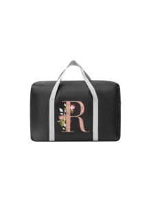 A-Z Floral Initial Foldable Travel Duffel Bag, Black Waterproof Luggage Tote With Rose Gold Letter Print, Ideal For Carrying Travel Essentials, Suitable For Travelers, Students, Gym Enthusiasts, Gift Givers & Bridesmaids, Perfect For Vacations, Business Trips, Gym Visits, Weekend Getaways & Gift-Giving, Foldable Design With Trolley Sleeve, Versatile As Travel Duffel, Gym Bag, Weekender Tote & Personalized Gift - Multicolor - View 10