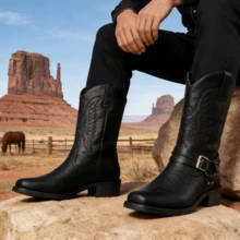 American Western Cowboy Boots For Men, High-Top Outdoor Riding Motorcycle Boots, Work Boots - màu đen - Xem 1