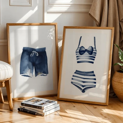 2pcs/Set Modern Wall Art Posters, Blue & White Swimsuit Canvas Art Prints - Waterproof, Summer Decor, Coastal Art, Minimalist, Framed Or Unframed, Room Decor, Home Decor, College Dorm Apartment Decor, Gifts For Wall Decoration In Hotel, Home, Living Room, Bedroom, Bathroom And Office