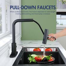 Grifos de cocina con pulverizador desplegable para 3 funciones, llave de fregadero de cocina cascada, moderno comercial de acero inoxidable con pulverizador desplegable - Negro - Ver 4