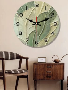 10-12 Inch Silent Abstract Leaf Design Wall Clock - Frameless Modern Retro Wood Grain Texture - Green & Beige Gradient - Suitable For Living Room, Bedroom, Kitchen - Battery Not Included - Living Room Wall Clock - 1PC - View 4