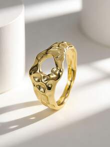 Charm-In Textured Hollow Plated Gold Women's Ring, Stackable Versatile Atmospheric Finger Ring, Suitable As Friendship/Anniversary Gift - Gold - View 1