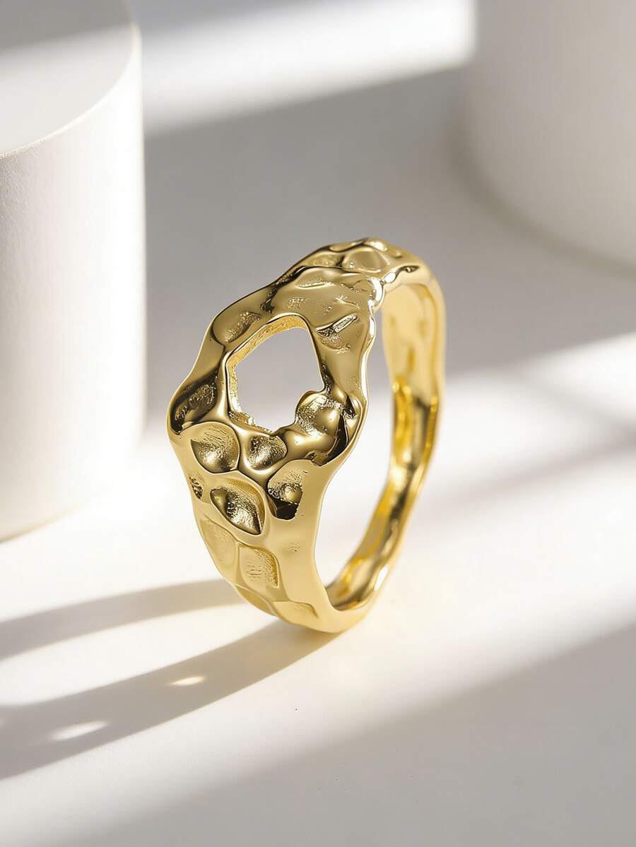 Charm-In Textured Hollow Plated Gold Women's Ring, Stackable Versatile Atmospheric Finger Ring, Suitable As Friendship/Anniversary Gift - Gold - View 1