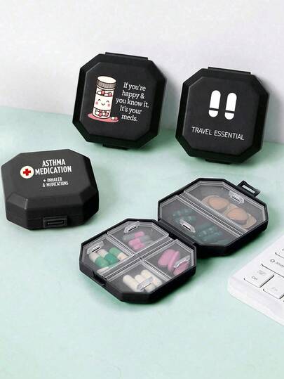 1个药盒，带药丸图案，（7天）早晚药盒，印有胶囊、药房和成功图案，3种维生素盒和药品盒可选，大隔层，每日两次，每周药盒，7天大容量维生素补充剂鱼油盒，旅行装，黑色，适用于关节炎，易于使用，透明盖，医生和护士必备，应急需求，旅行，徒步旅行紧急救援
