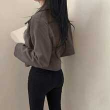 女士仿麂皮拉链夹克，翻领，纯色，休闲百搭，适合上学、机场、春秋季穿着 - 咖啡棕 - 查看 5