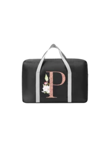 A-Z Floral Initial Foldable Travel Duffel Bag, Black Waterproof Luggage Tote With Rose Gold Letter Print, Ideal For Carrying Travel Essentials, Suitable For Travelers, Students, Gym Enthusiasts, Gift Givers & Bridesmaids, Perfect For Vacations, Business Trips, Gym Visits, Weekend Getaways & Gift-Giving, Foldable Design With Trolley Sleeve, Versatile As Travel Duffel, Gym Bag, Weekender Tote & Personalized Gift - Multicolor - View 11