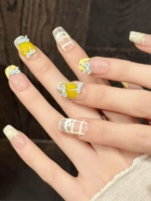 10片方形手工美甲贴纸，适合派对和日常佩戴，易于粘贴。10片Y2K风格手工美甲贴纸，“粉黄蝴蝶结”清新甜美，撞色设计，方形美甲，适合女孩和女士在节日、派对和日常佩戴。手工按压式美甲贴纸。 - 黃色 - 查看 3