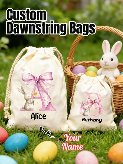 1 szt. Spersonalizowana torebka ze ściągaczem w kształcie kokardki z króliczkiem, urocze woreczki do przechowywania z imieniem, wielokrotnego użytku, wielofunkcyjny organizer na telefon, kosmetyki i codzienne drobiazgi, prezent wielkanocny, prezent na Dzień Matki, prezent urodzinowy i rocznicowy, torba podróżna do przechowywania, romantyczny spersonalizowany prezent dla dzieci, mamy, dziewczyny, najlepszej przyjaciółki, rodziny, domu i na święta