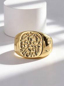 Charm-In Vintage Lava Texture Gold-Plated Ring, Wide Square Ring Face, Stacking Accessory, Personalized Gift Choice, Asymmetrical Lava Pattern Square Ring Jewelry - Gold - View 4