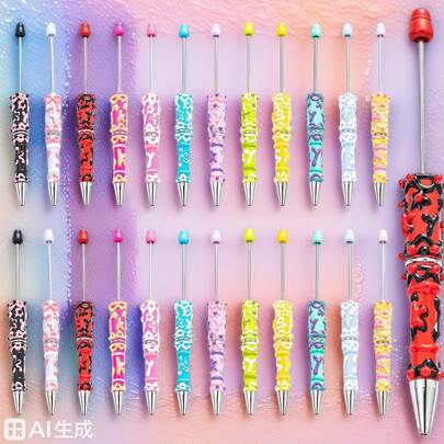 New Set Of Hot-Selling Beaded Ballpoint Pen Cream Hand-Painted Multicolor Diy Accessories Focus Beads Creative Crafts Students And Teachers 12pcs