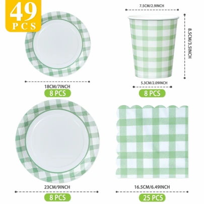 Green & White Plaid Disposable Plates, Napkins, Cups - 8 Guest Party Supplies Set, Disposable Paper Plates Suitable For Birthday, Wedding, Theme Party, Family Picnic