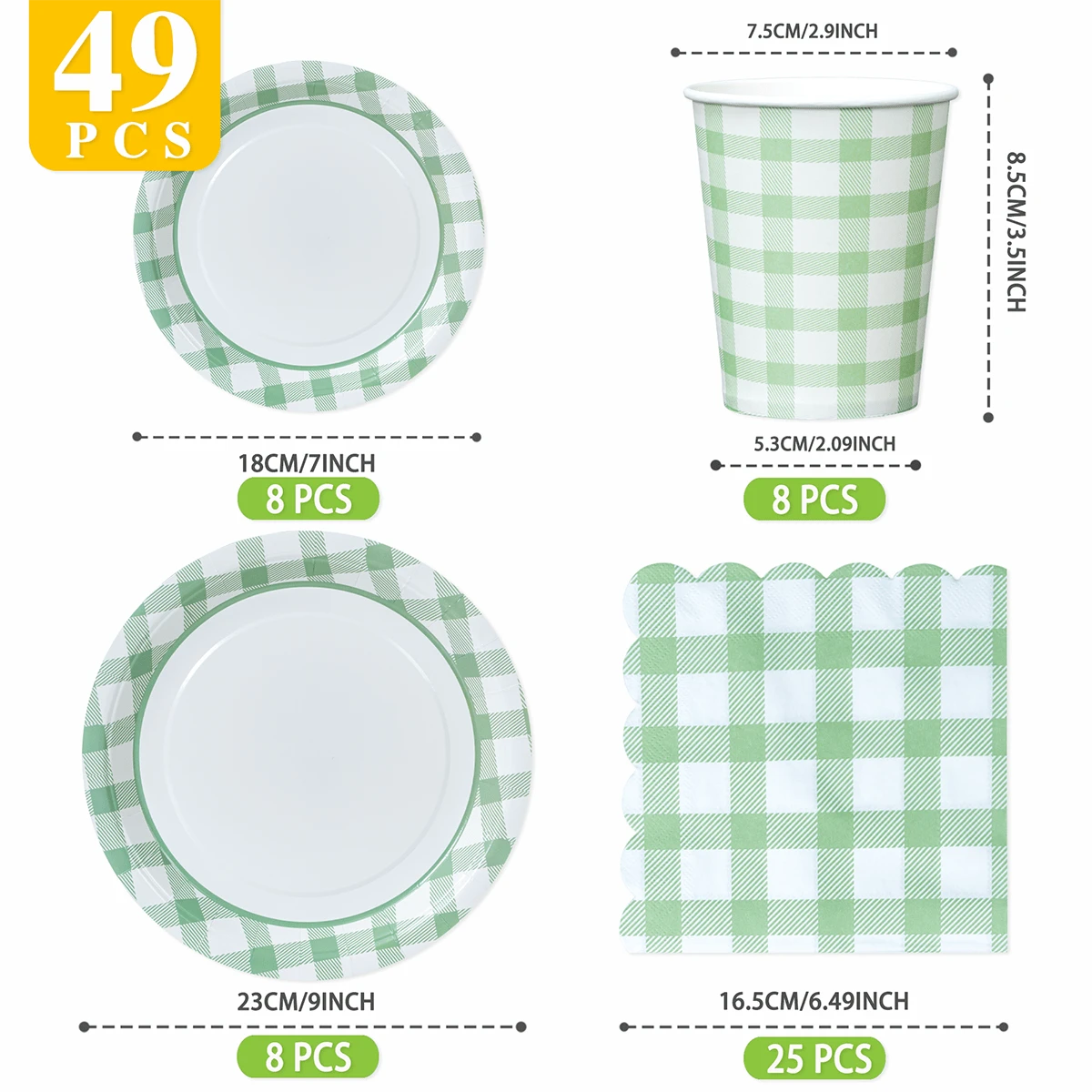 Green & White Plaid Disposable Plates, Napkins, Cups - 8 Guest Party Supplies Set, Disposable Paper Plates Suitable For Birthday, Wedding, Theme Party, Family Picnic - Multicolor - View 1
