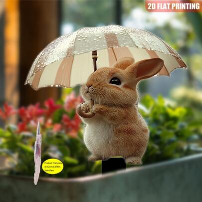 Estaca de jardín con conejo humorístico plano 2D con paraguas, decoración exterior vívida y realista, adecuada para jardín, césped, patio - Estilo vintage, para plantas en macetas, decoración de jardín | Estilo vintage | Artesanía detallada, decoración de jardín
