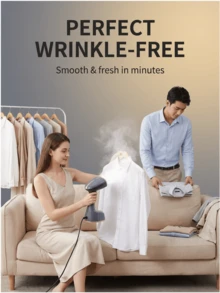 SOKANY 1400W大功率手持式蒸汽熨斗，30秒快速出蒸汽，大容量水箱，多角度防漏，一键折叠，便携易收纳，7孔喷嘴，不锈钢底板，方便旅行和居家使用，快速抚平褶皱，保持衣物洁净如新。 - 查看 6