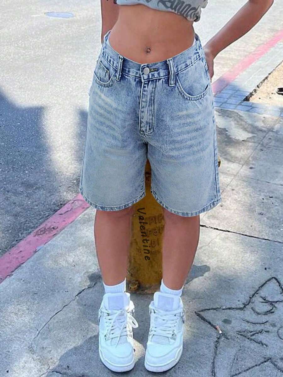 复古低腰做旧牛仔短裤，斜插口袋设计，返校季必备单品 - 淺藍色 - 查看 1