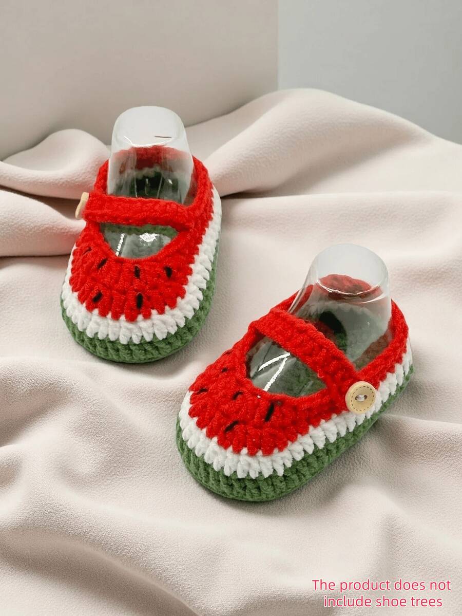 1 Đôi giày trẻ em móc thủ công họa tiết dưa hấu, màu đỏ, xanh lá cây và trắng, kiểu Mary Jane. - Đỏ - Xem 1