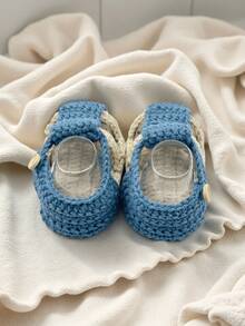 1 Pair Handmade Crochet Infant Sandals, Blue And Cream Color, Mary Jane Style With Buckle Closure - Dusty Blue - View 7