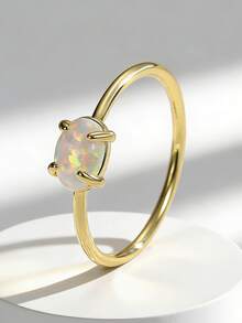 Charm-In Luxury Plated Gold Faux Opal Delicate Ring, Oval Iridescent Gemstone Design, Romantic Jewelry For Dates, Ideal Valentine's Day Gift For Girlfriend - Gold - View 4