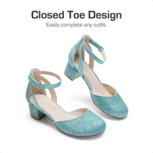 Girls Dress Shoes Closed Toe High Heels Ankle Strap Toddler Little Big Kid Wedding Flower Party Pump - 藍色 - 查看 6
