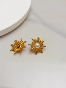 1/3件套法式复古304不锈钢镀金珍珠镶嵌向日葵耳环，精致高端配饰，适合作为年轻女士参加派对的礼物，或作为生日、情人节礼物送给母亲、妻子、朋友。 - 金色 - 查看 8
