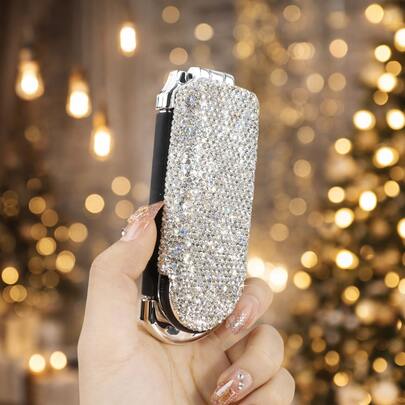 Sparkly Rhinestone-Studded Folding Airbag Comb With Built-In Mirror, Stylish Lightweight, Comfortable Scalp Massage, Suitable For All Hair Types, Essential For Travel & Daily Use, Great Gift For Valentine's Day/Back-To-School/Home Decor