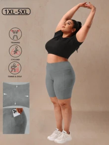 1pc Women Plus Size Knee Length Yoga/Cycling Tight Shorts, High Stretch Butt Lifting Curve Flattering Sports Pants, Knit Fabric Breathable Running Training Shorts With Pockets, Suitable For Cycling, Fitness, Running, Foldable Hem, All Seasons - Grey - View 6
