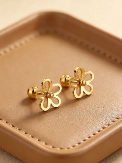 1 pieza Pendientes de botón con flor hueca y linda, diseño de acero inoxidable adecuado para uso diario de mujeres o como regalo para amigos