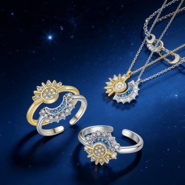 Sun And Moon Linked Open Ring Set With Personalized Diamond Inlay Finger Ring Elegant Combination Ring